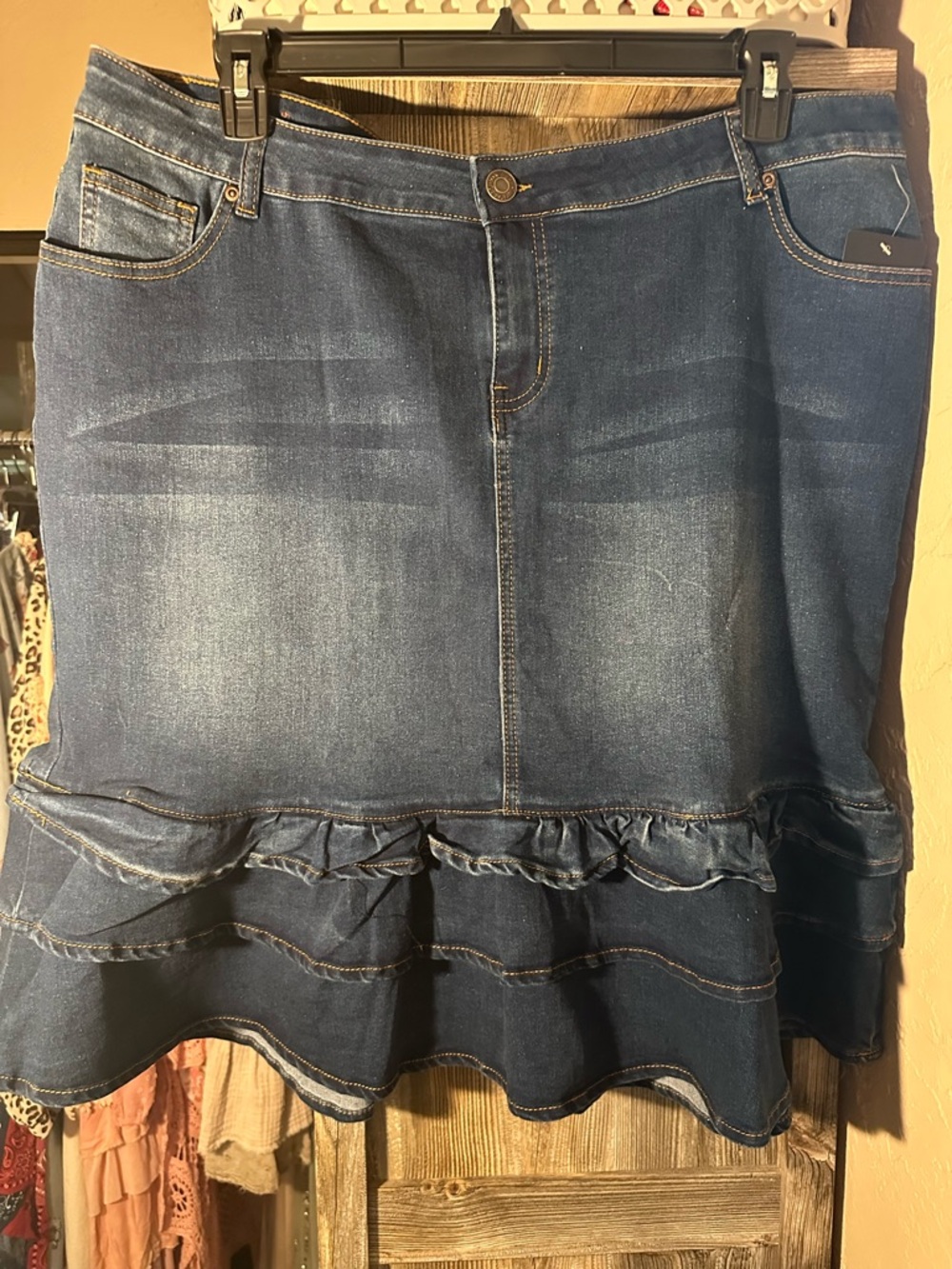 Women's Dark Blue Denim Three Ruffle-Hem A-Line Skirt